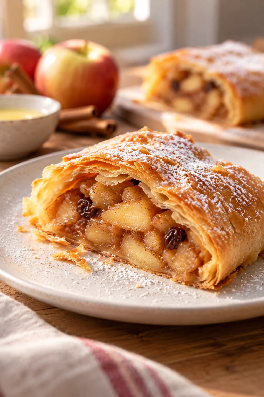 Nahaufnahme eines Apfelstrudel-Stücks mit knusprigem Blätterteig und Apfelfüllung