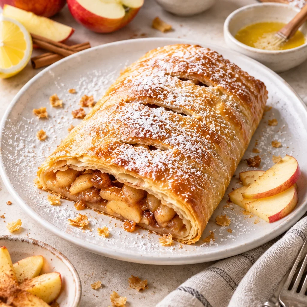 Knuspriger Apfelstrudel mit Puderzucker auf einem weißen Teller