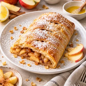 Knuspriger Apfelstrudel mit Puderzucker auf einem weißen Teller
