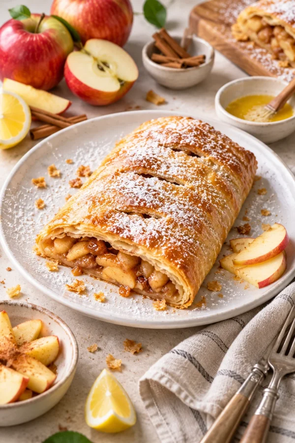 Knuspriger Apfelstrudel mit Puderzucker auf einem weißen Teller