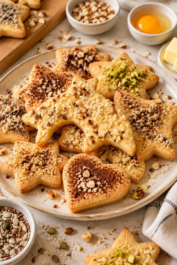 Frisch gebackene Ausstechplätzchen mit Nüssen, Samen und Kakao auf einem Teller