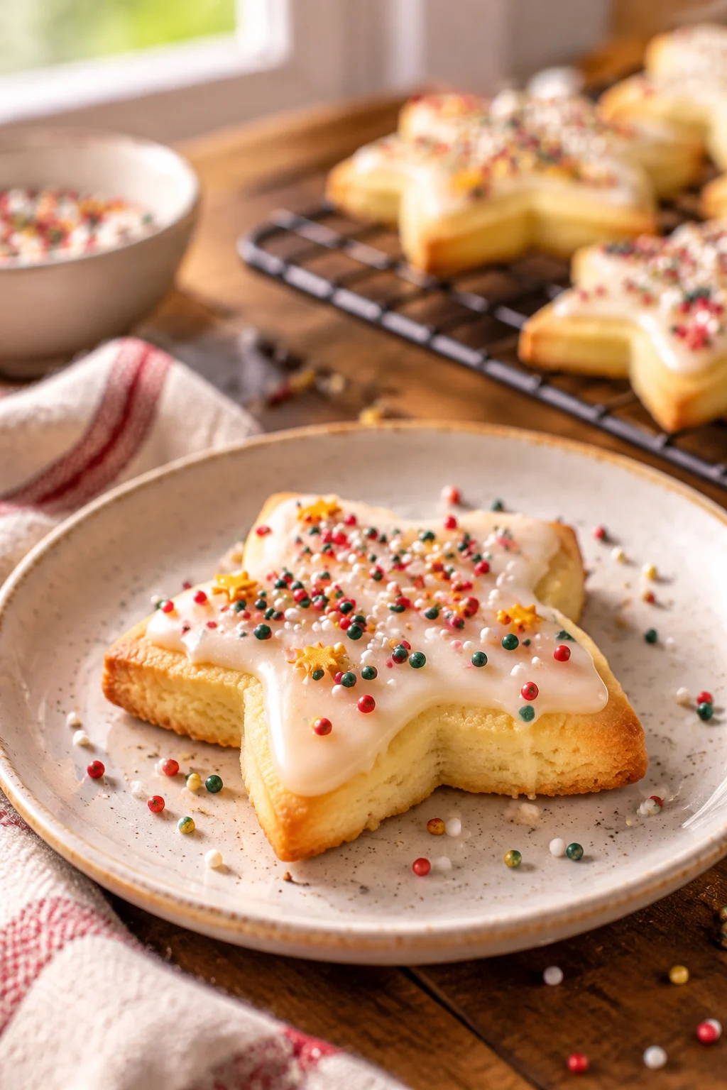 Nahaufnahme eines Butter-Weihnachtsplätzchens mit Zuckerguss und bunten Zuckerstreuseln