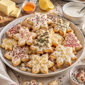 Frisch gebackene Butter-Weihnachtsplätzchen mit Zuckerguss und bunten Zuckerstreuseln