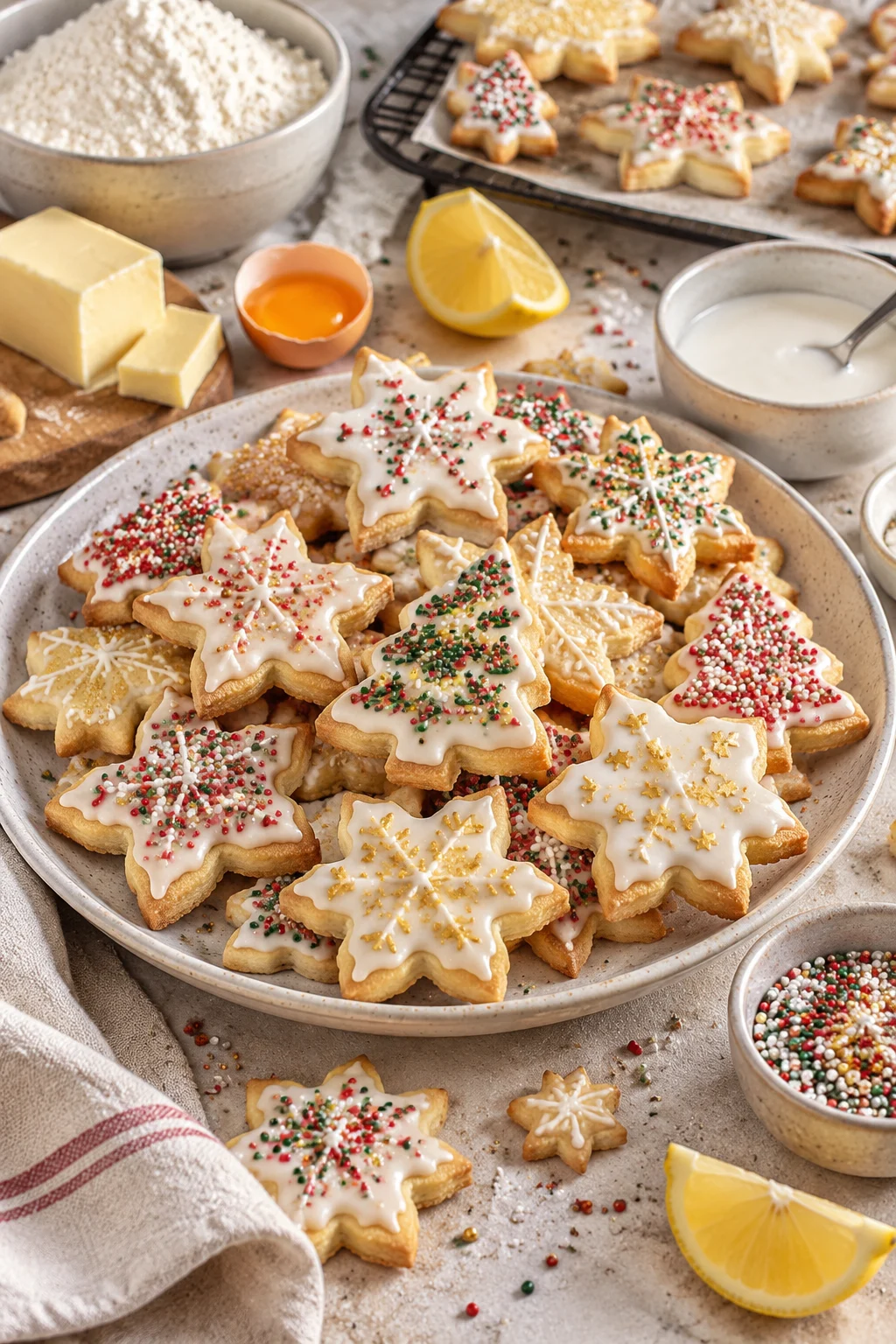 Frisch gebackene Butter-Weihnachtsplätzchen mit Zuckerguss und bunten Zuckerstreuseln