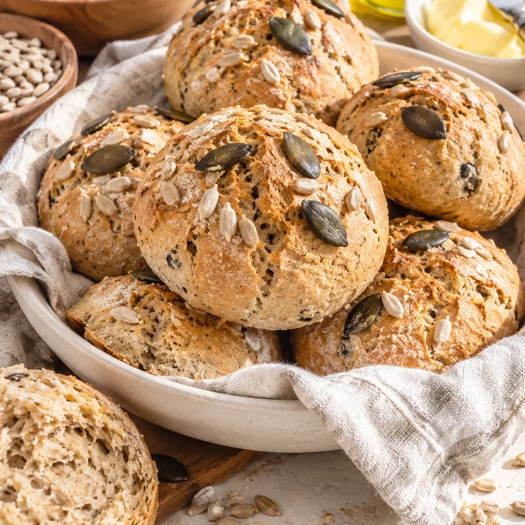 Frisch gebackene Dinkelbrötchen mit Sonnenblumenkernen und Kürbiskernen auf hellem Untergrund