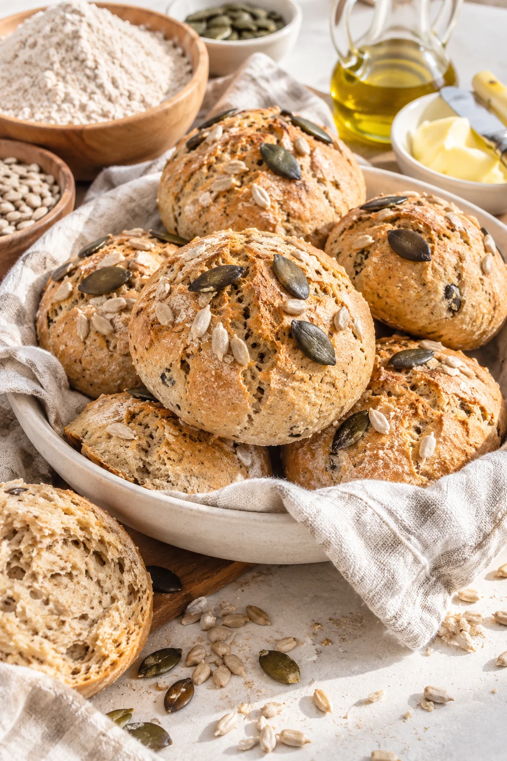 Frisch gebackene Dinkelbrötchen mit Sonnenblumenkernen und Kürbiskernen auf hellem Untergrund