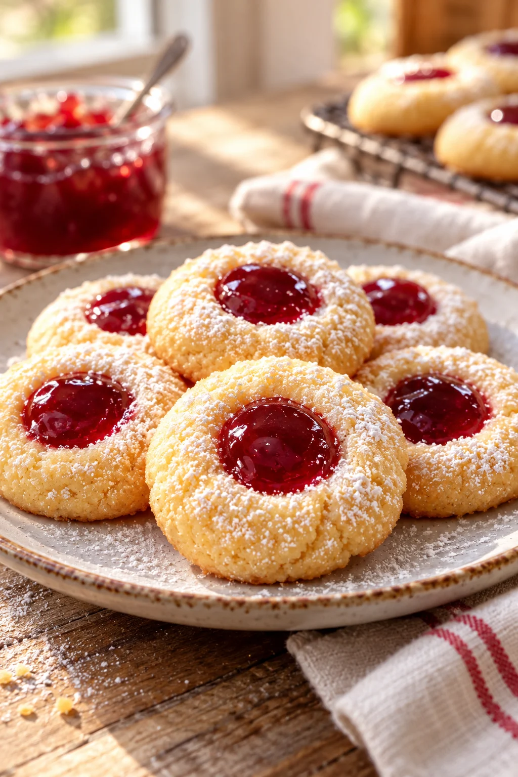 Nahaufnahme von Engelsaugen Plätzchen mit Marmeladenfüllung und Puderzucker