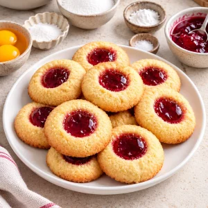 Engelsaugen Plätzchen mit Marmelade auf einem weißen Teller mit Puderzucker bestäubt