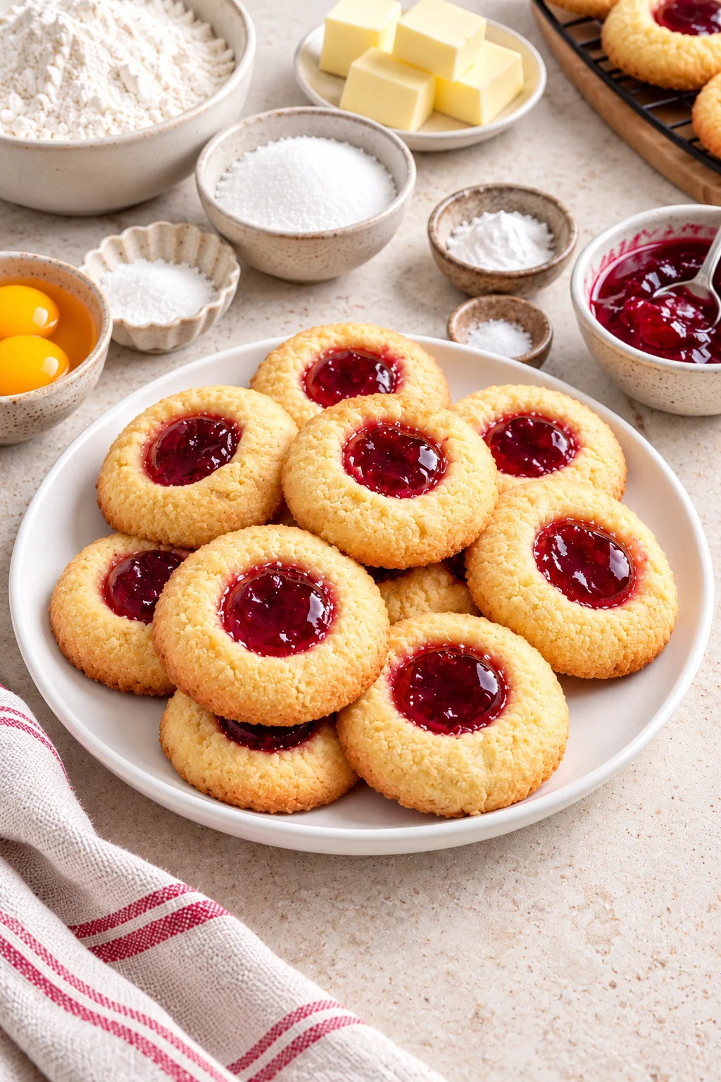 Engelsaugen Plätzchen mit Marmelade auf einem weißen Teller mit Puderzucker bestäubt