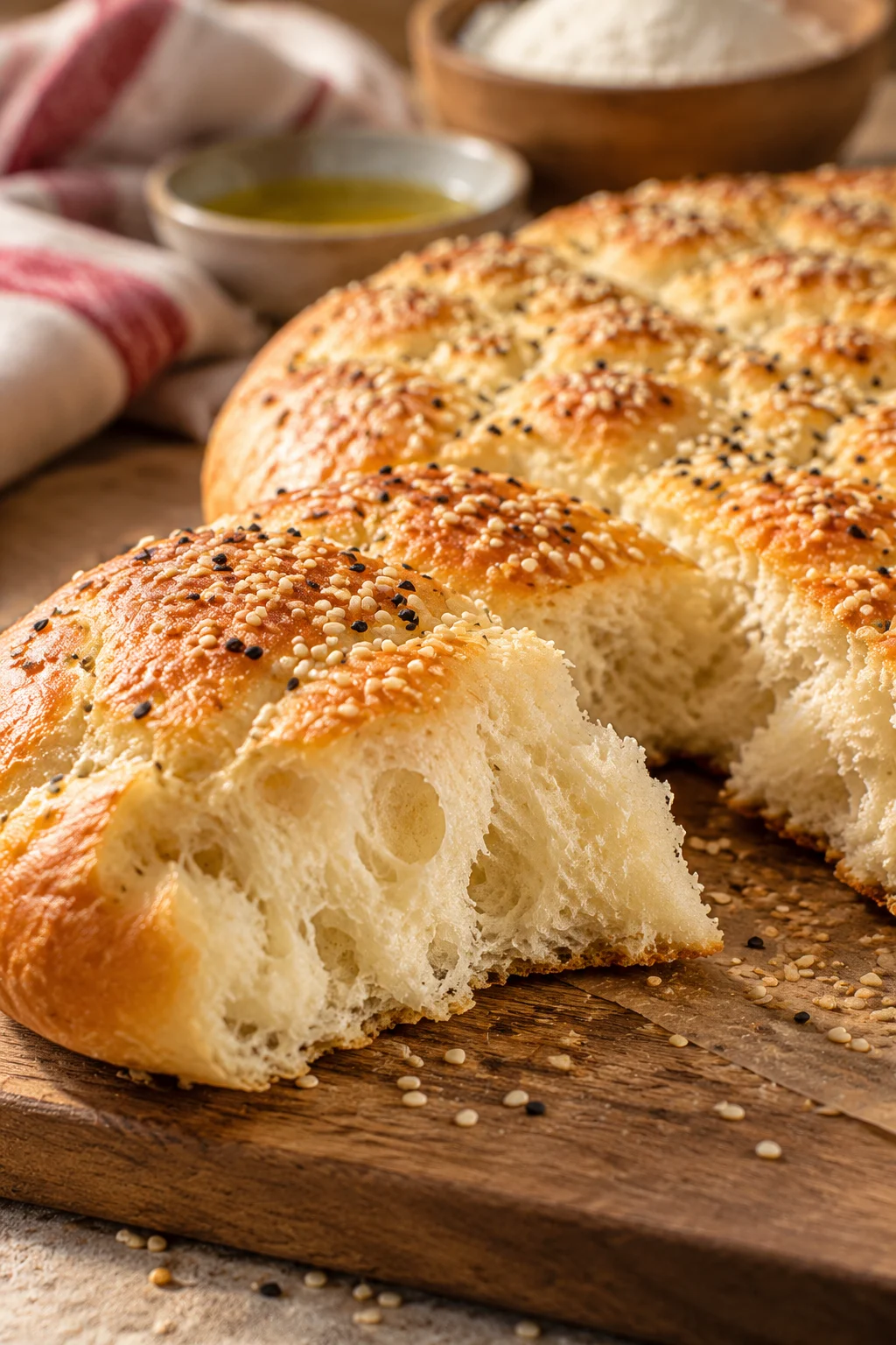Nahaufnahme von frisch gebackenem Fladenbrot mit goldener Kruste.
