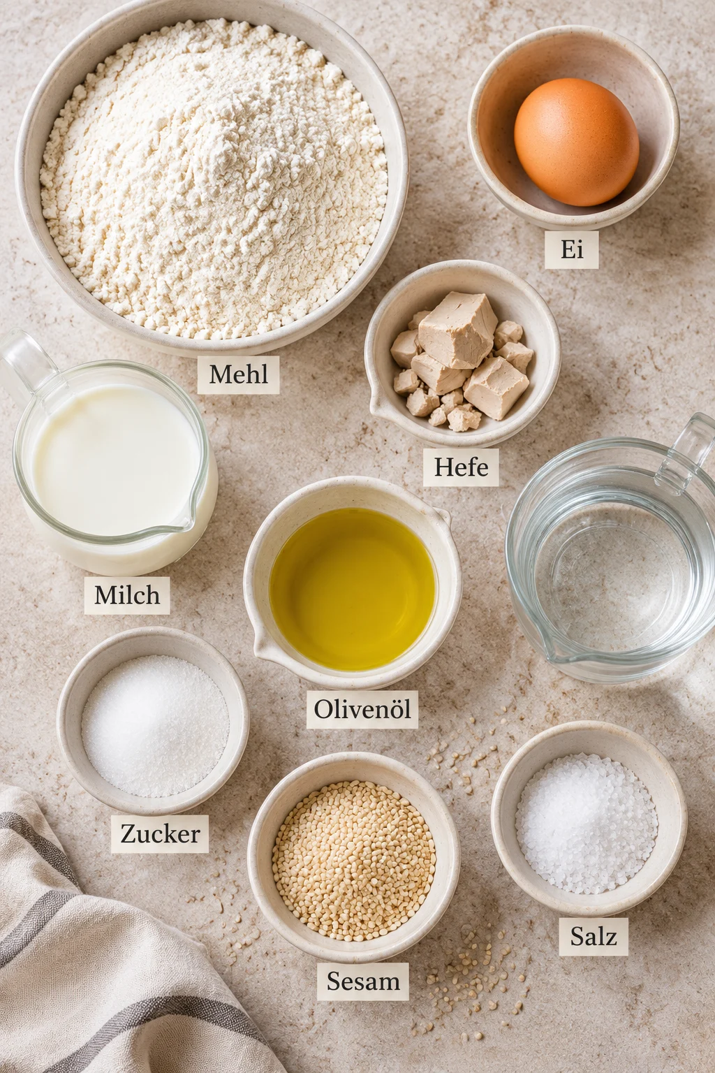 Beschriftete Zutaten für Fladenbrot: Ei, Mehl, Wasser, Hefe, Milch, Olivenöl, Salz, Zucker, Sesam.