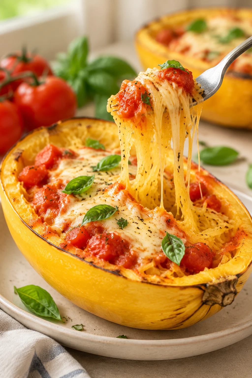 Nahaufnahme von Spaghettikürbis mit Tomatensoße und Mozzarella beim Servieren
