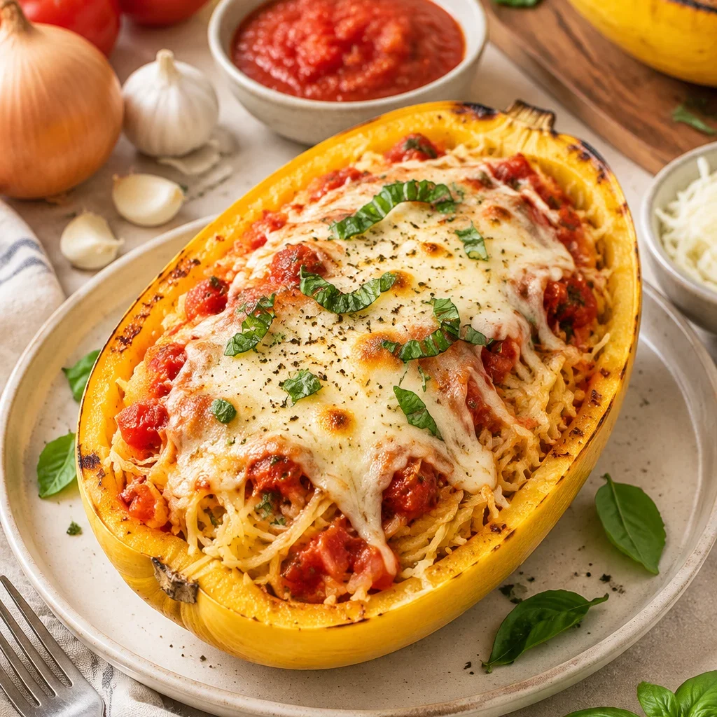 Gefüllter Spaghettikürbis aus dem Ofen mit Tomatensoße und Mozzarella