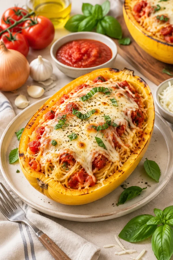 Gefüllter Spaghettikürbis aus dem Ofen mit Tomatensoße und Mozzarella