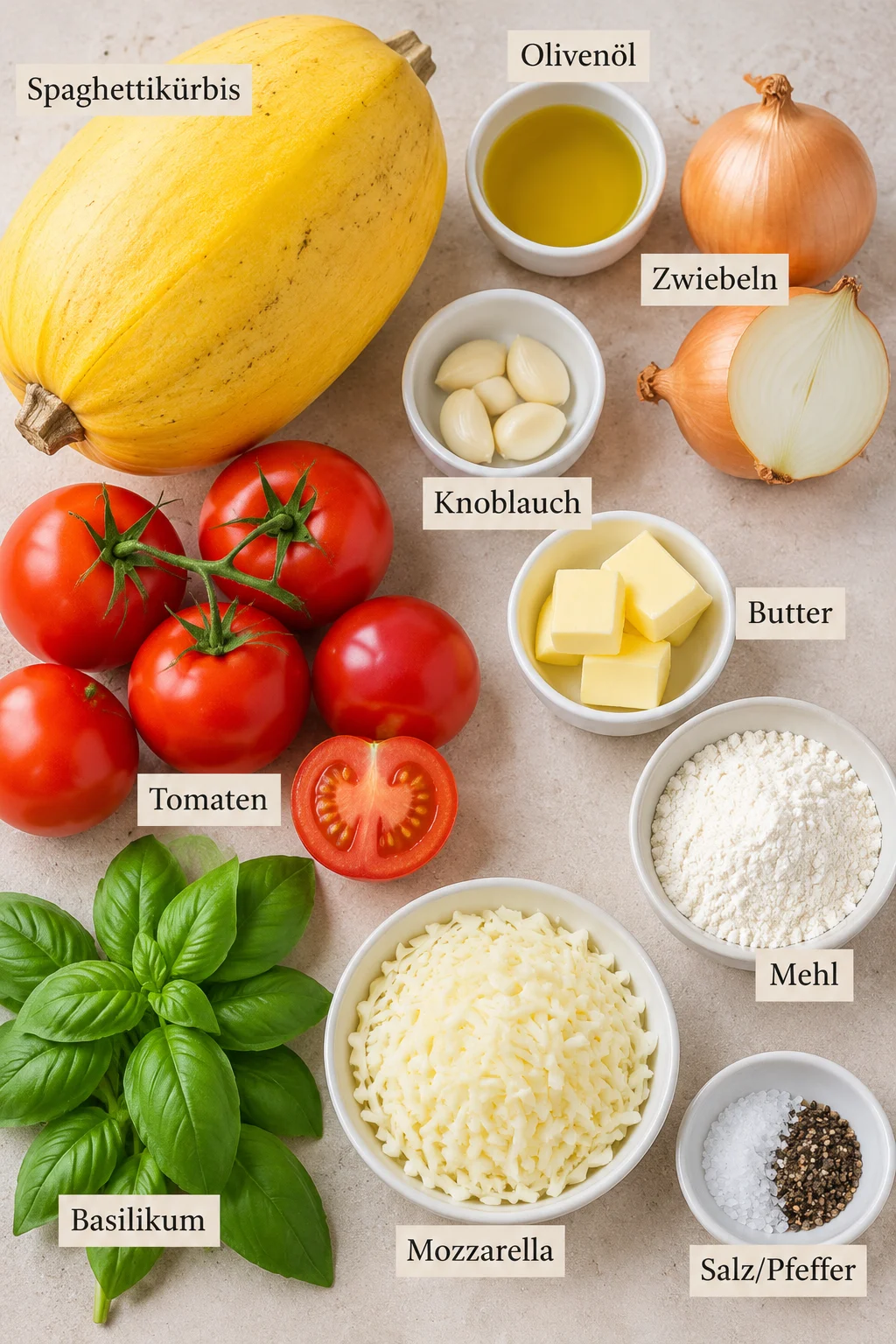 Beschriftete Zutaten für Gefüllter Spaghettikürbis aus dem Ofen auf hellem Untergrund