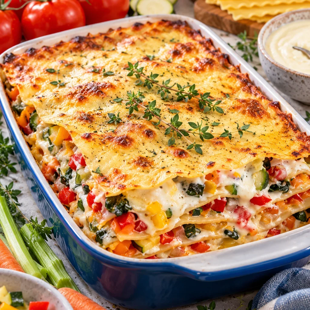 Gemüselasagne mit frischem Gemüse und cremiger Soße