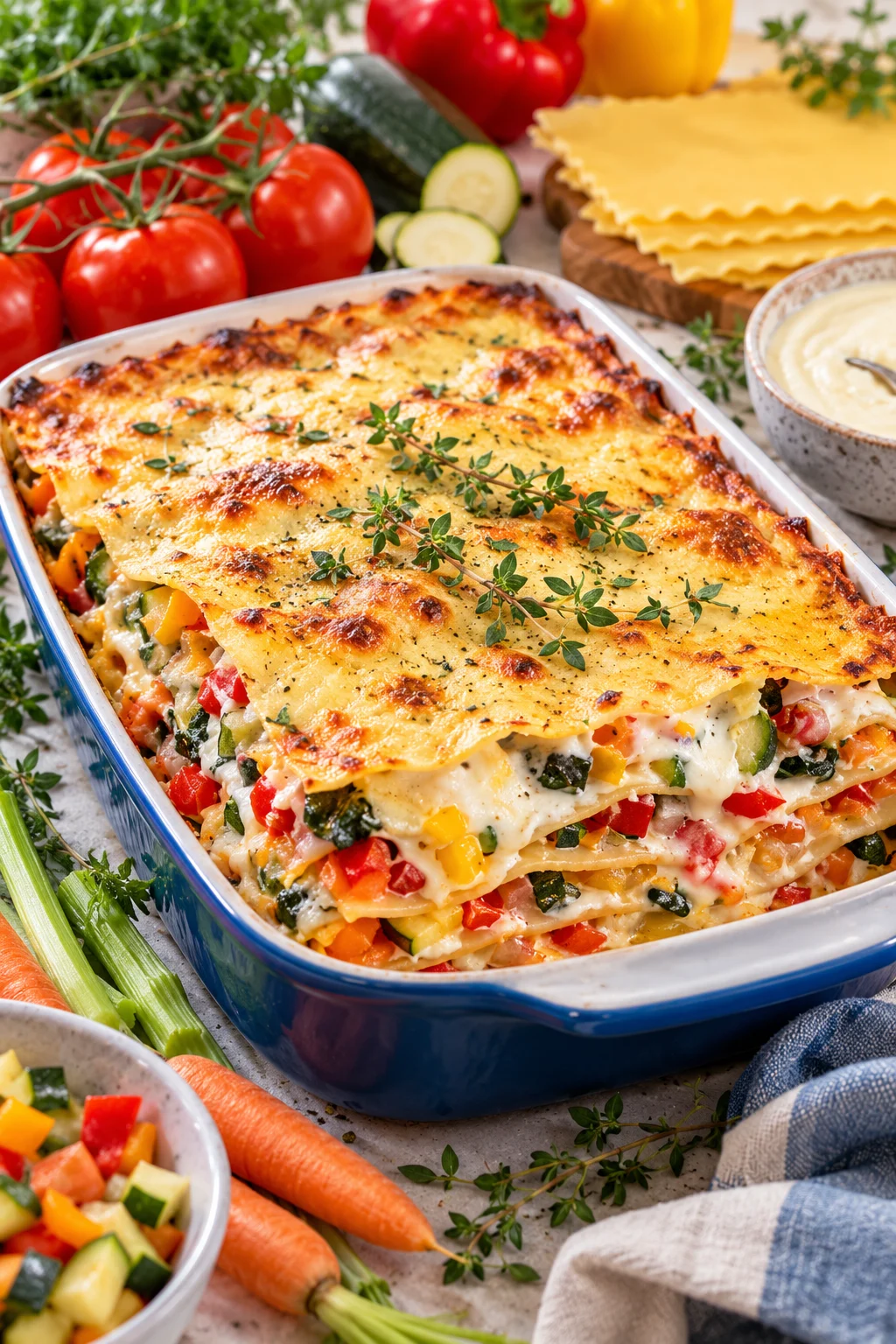 Gemüselasagne mit frischem Gemüse und cremiger Soße