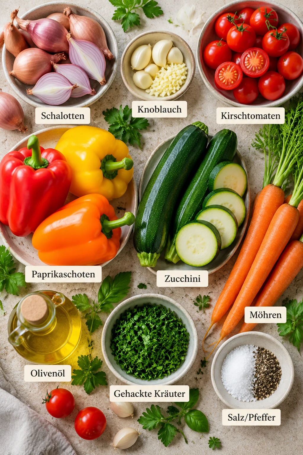 Beschriftete Zutaten für Gemüsepfanne: Schalotten, Knoblauch, Kirschtomaten und mehr.