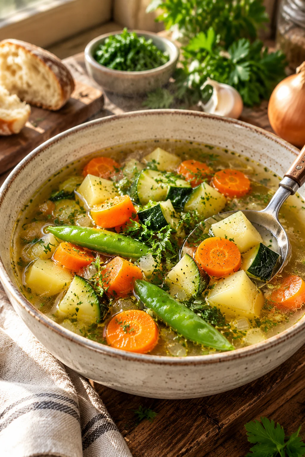 Nahaufnahme einer Gemüsesuppe mit frischem Gemüse und Kräutern serviert