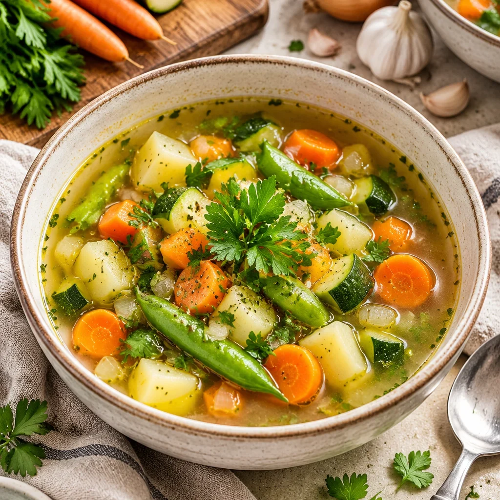 Klassische Gemüsesuppe mit frischem Gemüse und Kräutern