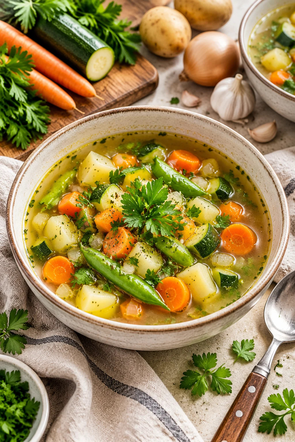 Klassische Gemüsesuppe mit frischem Gemüse und Kräutern