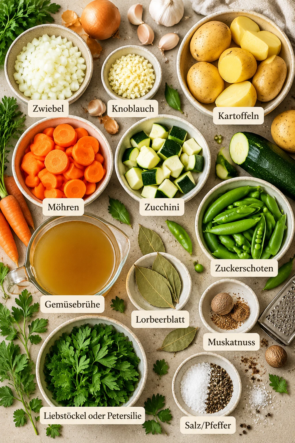 Beschriftete Zutaten für Gemüsesuppe mit frischem Gemüse und Gewürzen