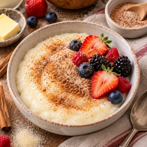 Grießbrei in einer Schüssel mit Zimtzucker und frischem Obst