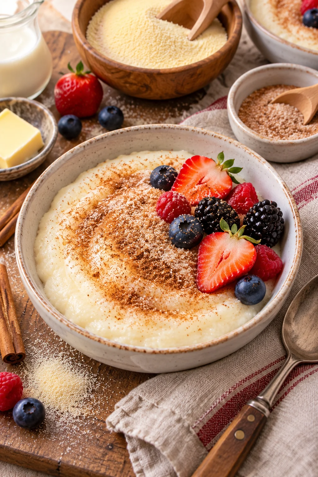 Grießbrei in einer Schüssel mit Zimtzucker und frischem Obst