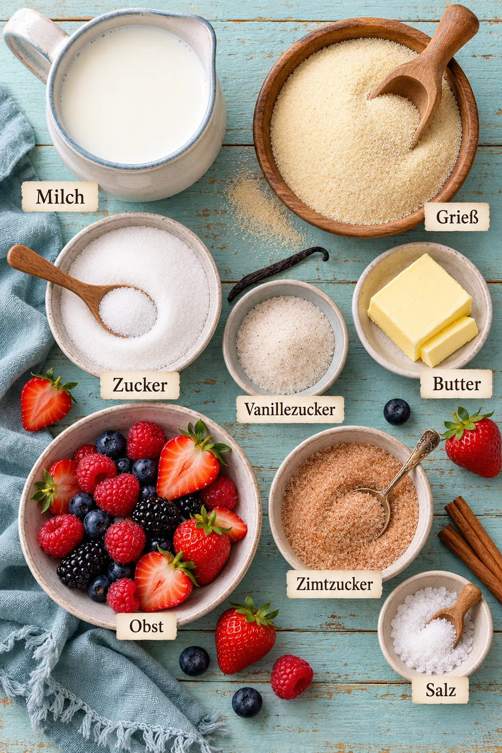 Beschriftete Zutaten für Grießbrei: Milch, Grieß, Zucker, Vanillezucker, Salz, Butter, Zimtzucker, Obst