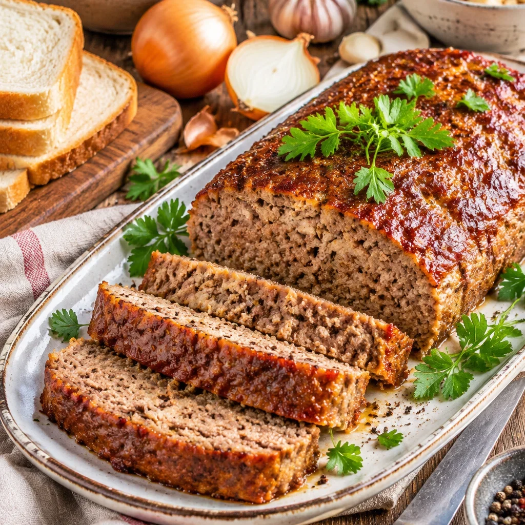Saftiger Hackbraten mit Zwiebeln und Knoblauch