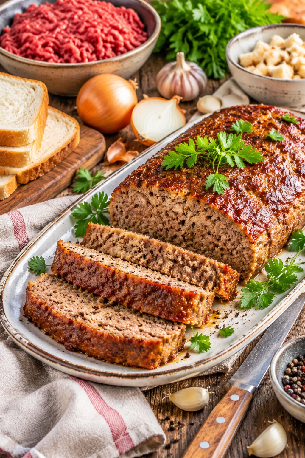 Saftiger Hackbraten mit Zwiebeln und Knoblauch
