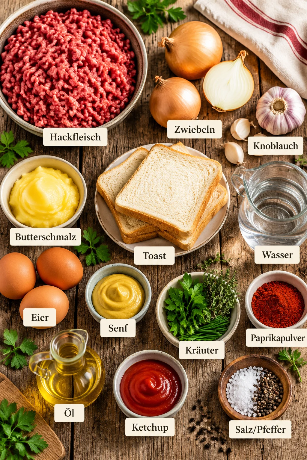 Beschriftete Zutaten für Hackbraten
