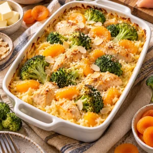 Hähnchen-Reis-Auflauf mit Broccoli und Aprikosen
