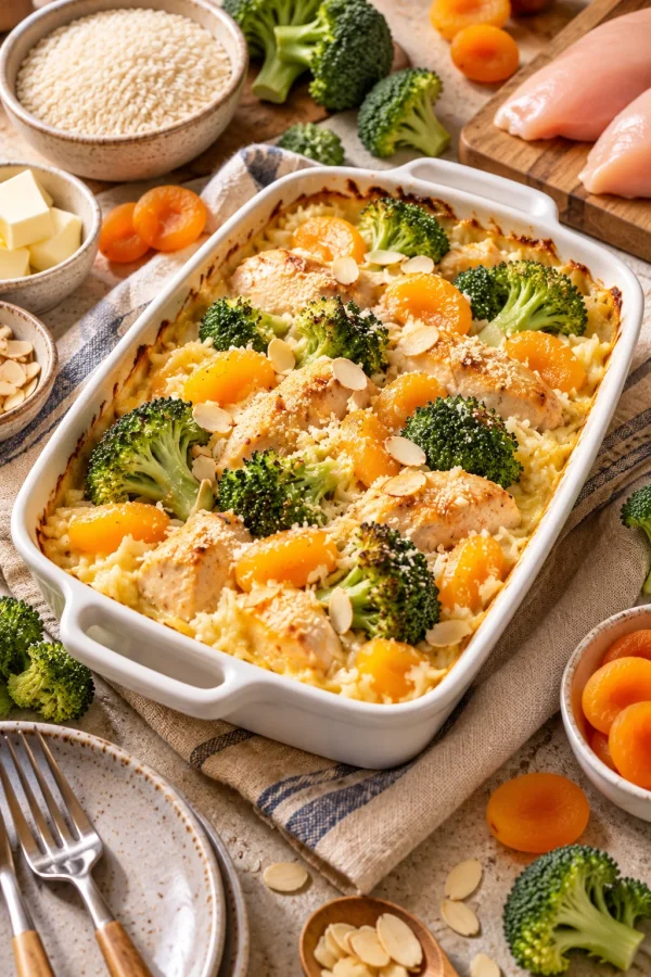 Hähnchen-Reis-Auflauf mit Broccoli und Aprikosen