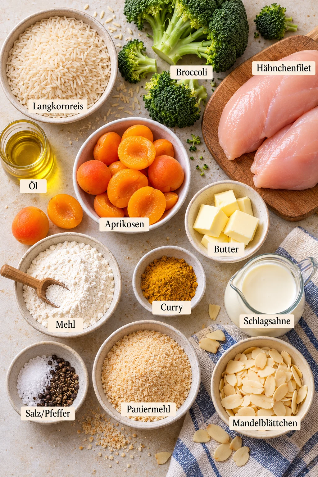 Beschriftete Zutaten für Hähnchen-Reis-Auflauf