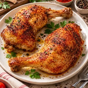 Hähnchenschenkel aus dem Backofen, knusprig und saftig.