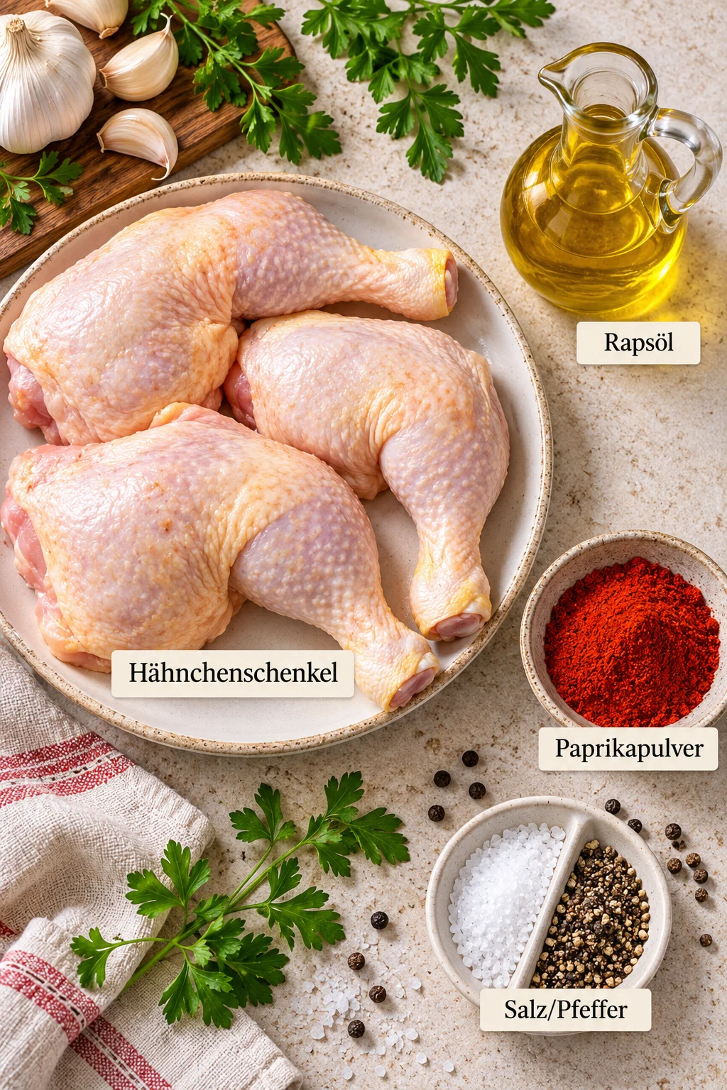 Beschriftete Zutaten für Hähnchenschenkel aus dem Backofen.