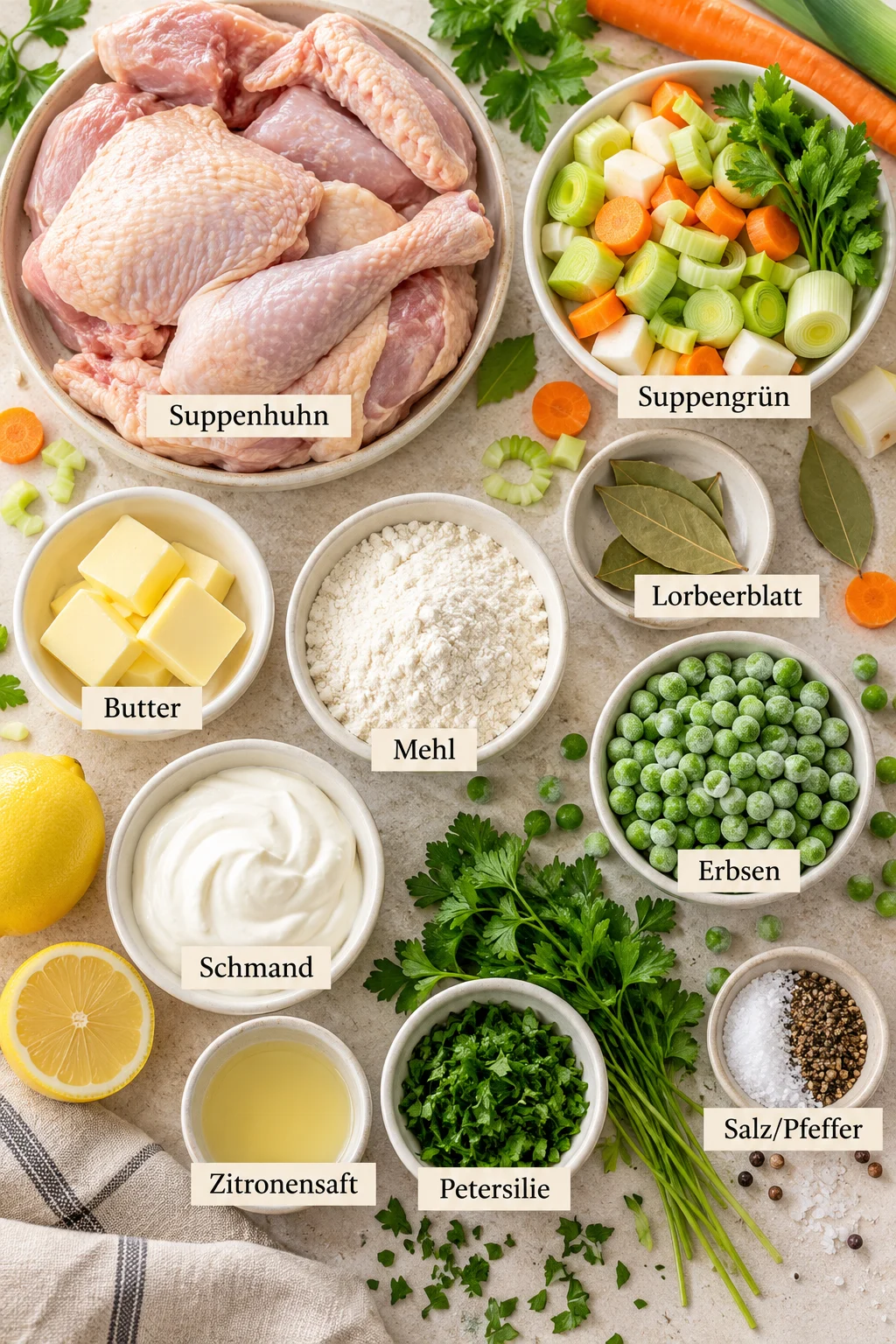 Beschriftete Zutaten für Hühnerfrikassee auf hellem Untergrund, Butter, Mehl, Suppengrün, Suppenhuhn, Erbsen, Schmand, Zitronensaft, Petersilie