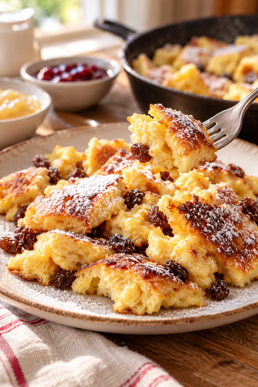 Nahaufnahme von fluffigem Kaiserschmarrn auf einer Gabel
