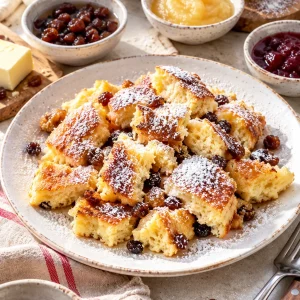 Fluffiger Kaiserschmarrn auf weißem Teller mit Puderzucker