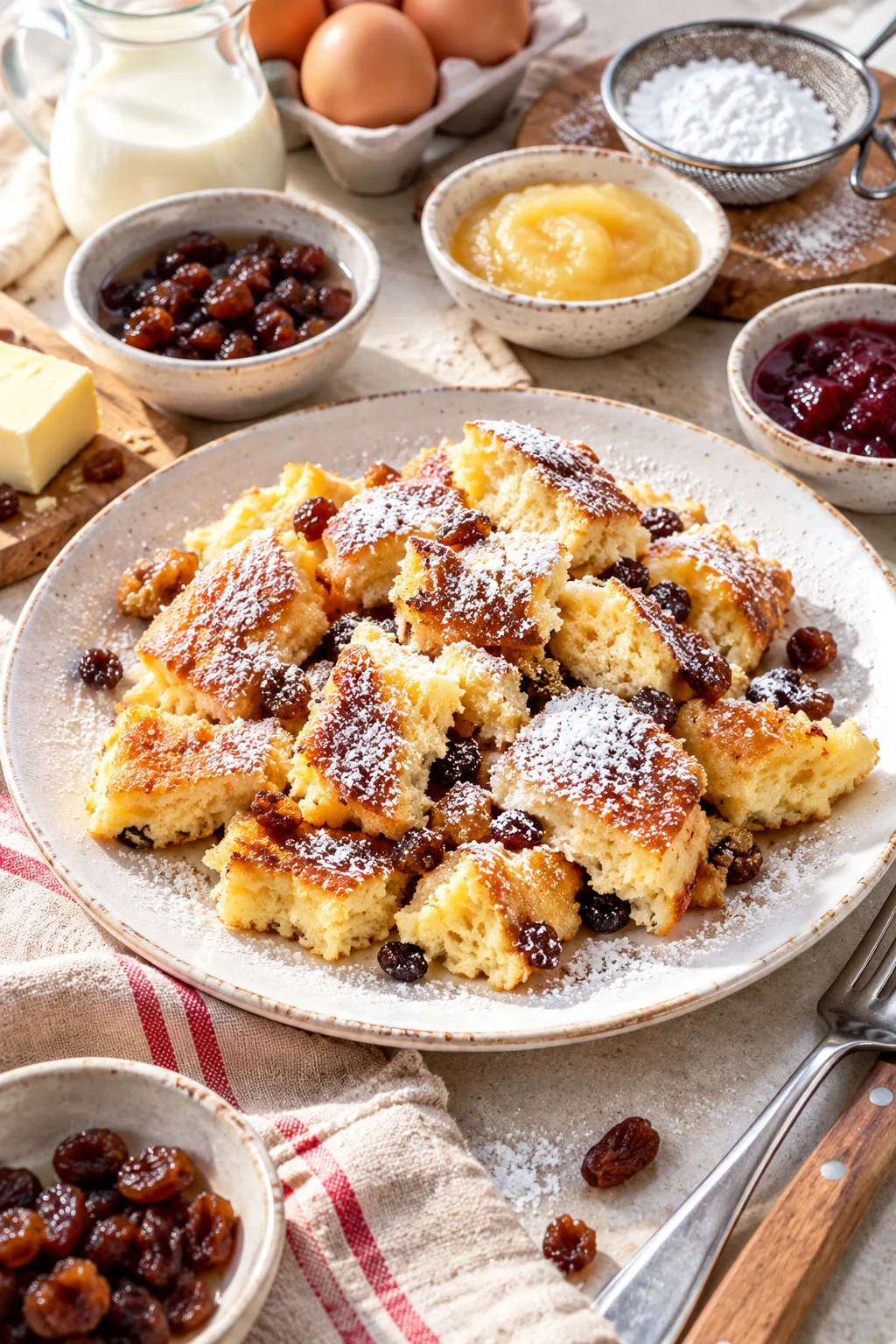 Fluffiger Kaiserschmarrn auf weißem Teller mit Puderzucker
