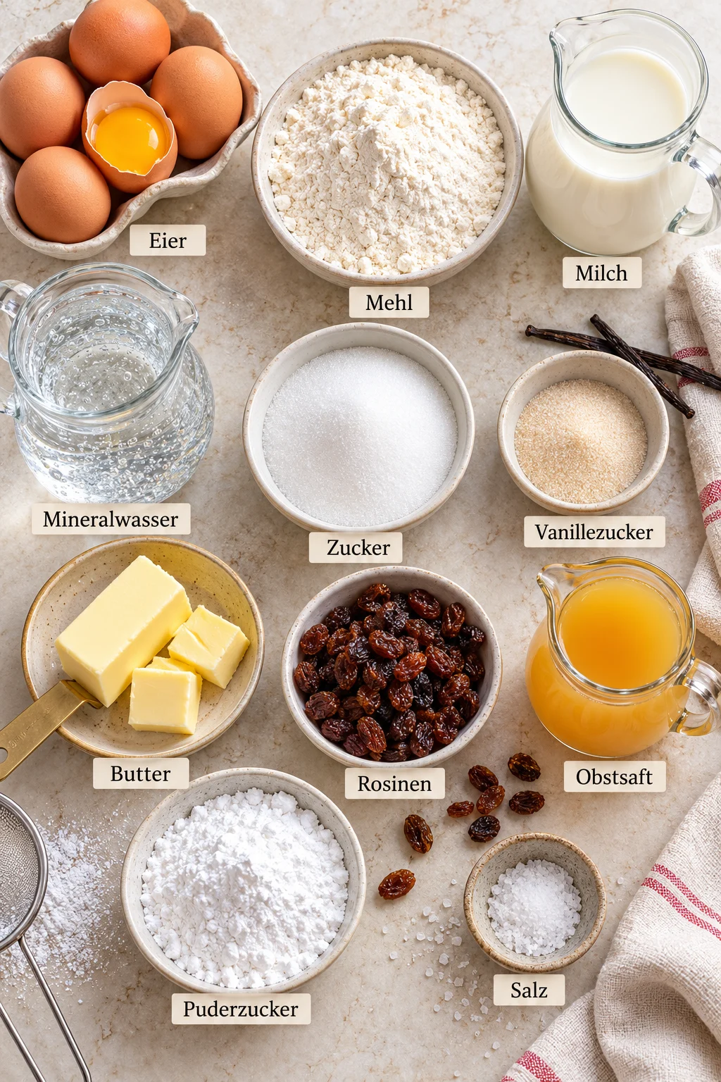 Beschriftete Zutaten für Kaiserschmarrn auf hellem Untergrund