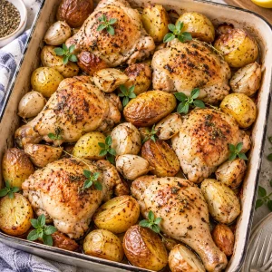 Kartoffel-Hähnchen vom Blech mit frischen Kräutern und Knoblauch.