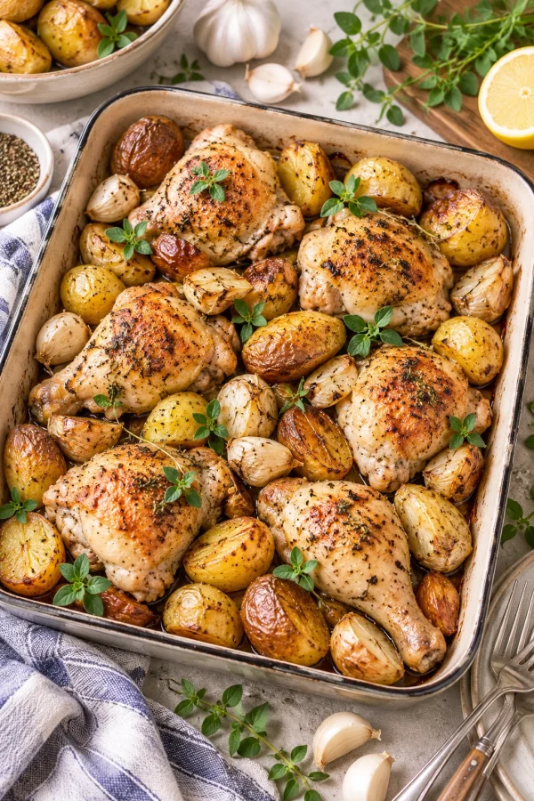 Kartoffel-Hähnchen vom Blech mit frischen Kräutern und Knoblauch.
