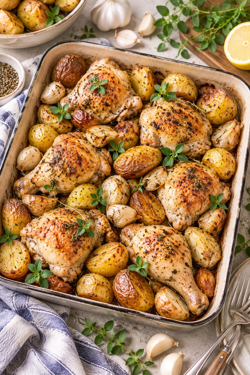 Kartoffel-Hähnchen vom Blech mit frischen Kräutern und Knoblauch.
