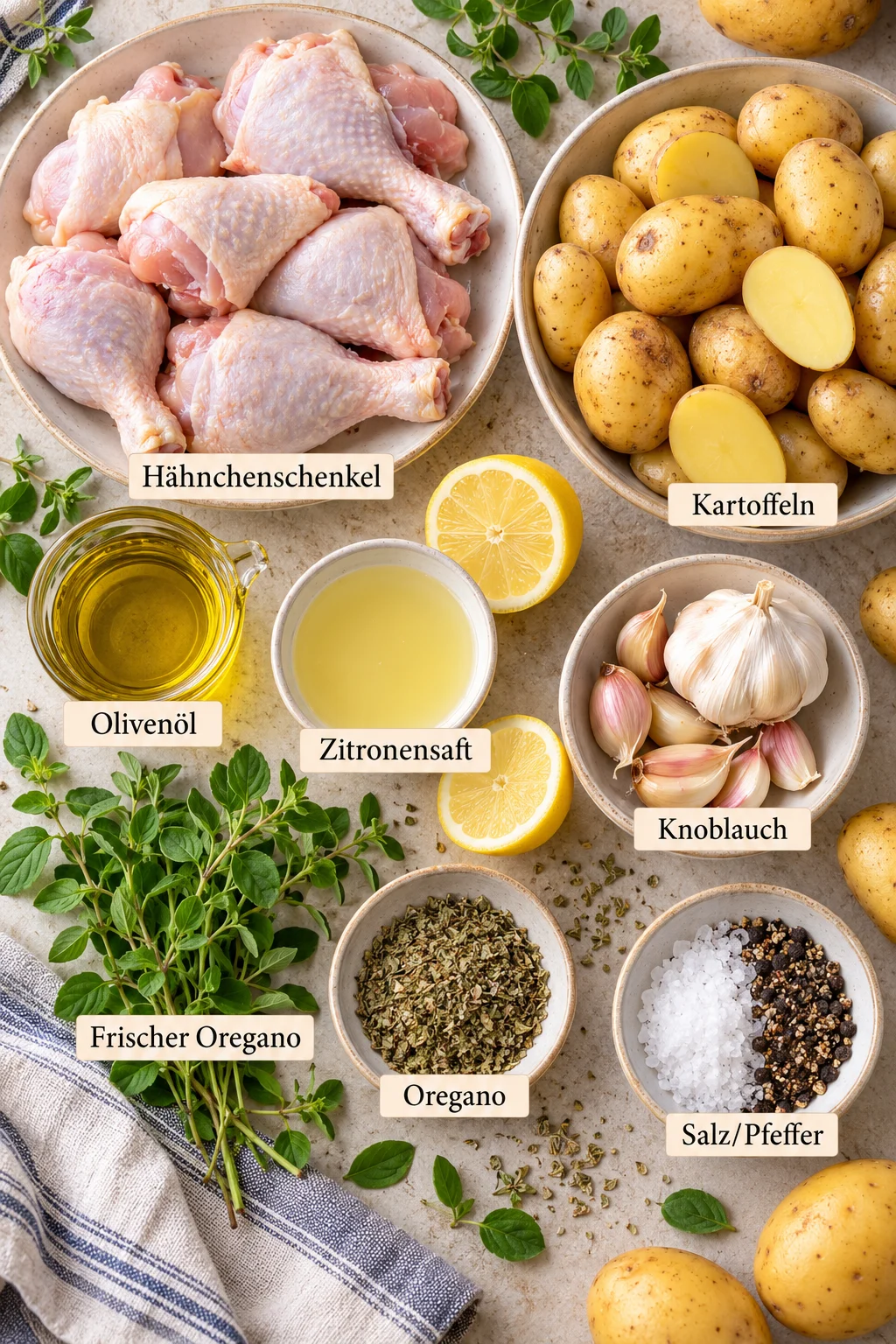 Beschriftete Zutaten für Kartoffel-Hähnchen vom Blech.