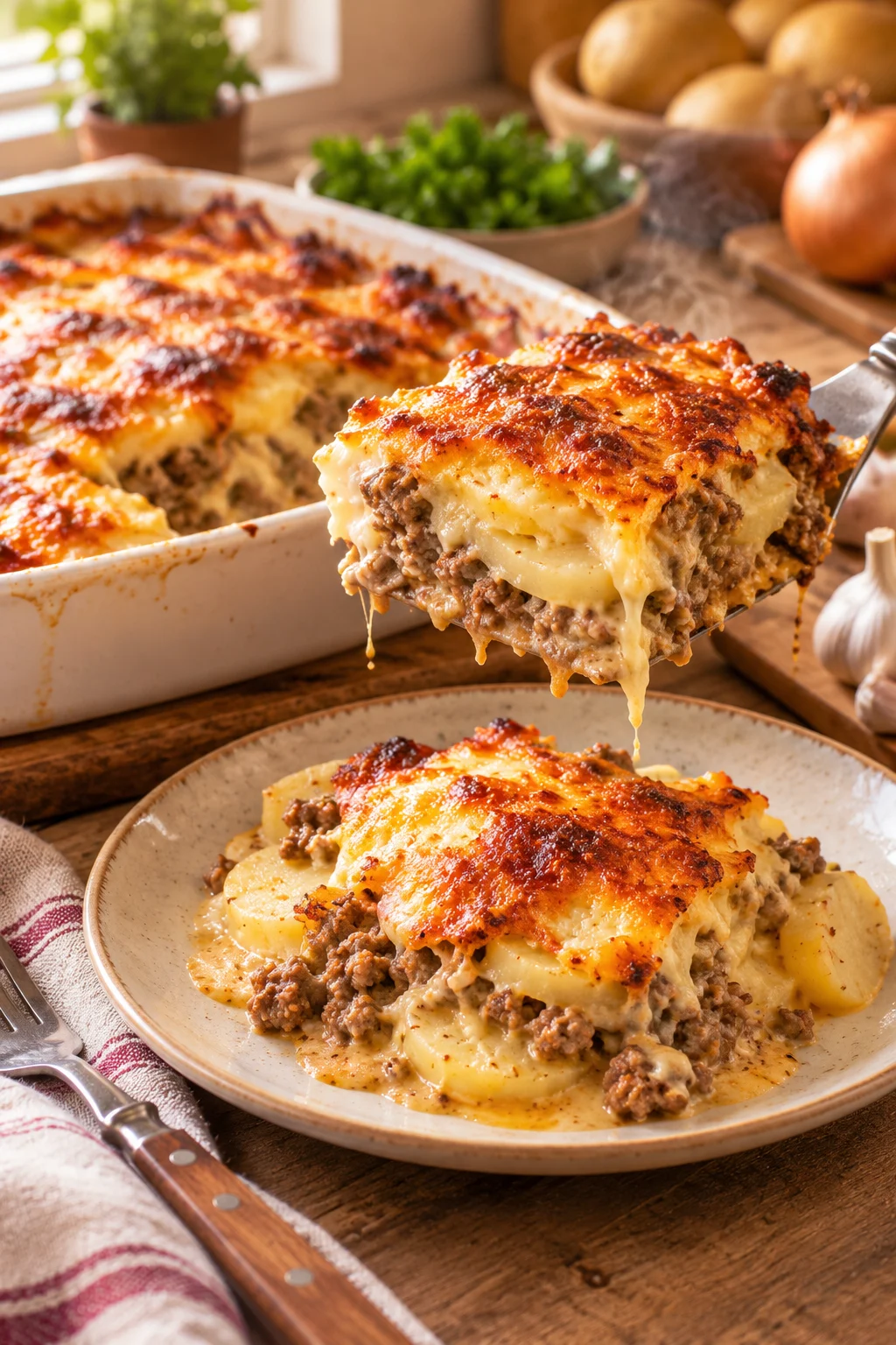 Kartoffelauflauf mit Hackfleisch wird serviert.
