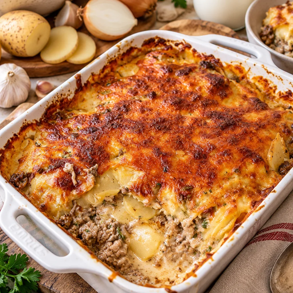 Kartoffelauflauf mit Hackfleisch auf einem Tisch, umgeben von frischen Zutaten.