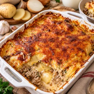 Kartoffelauflauf mit Hackfleisch auf einem Tisch, umgeben von frischen Zutaten.