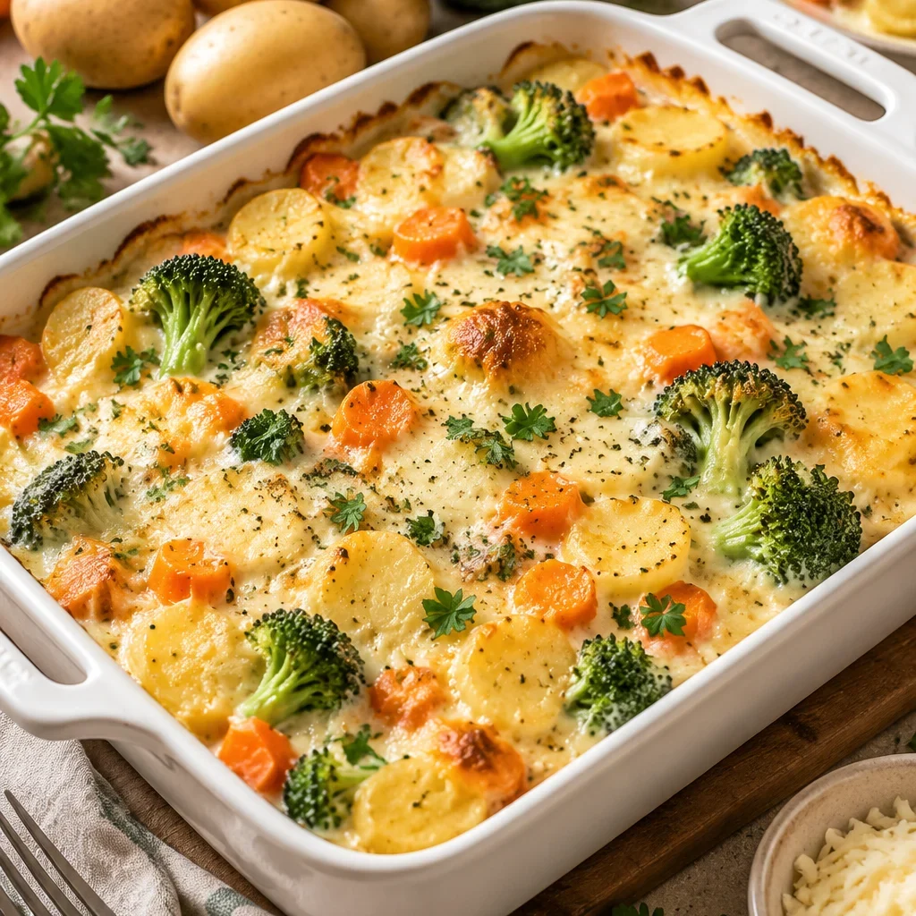 Leckerer Kartoffelauflauf mit Brokkoli und Möhren